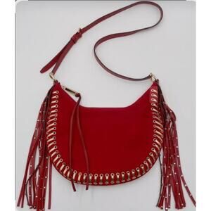 Michael Michael Kors Red and Gold Grommet Whipstitch Suede Fringe Rhea Crossbody